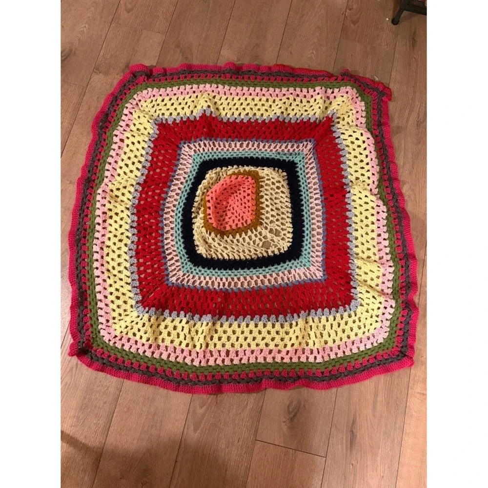 Vintage Handmade Crochet Square Tablecloth Multi Color Boho Granny Square 30x30